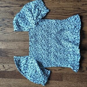 J. Crew Factory Navy and White Floral Smocked Puff Sleeve Blouse